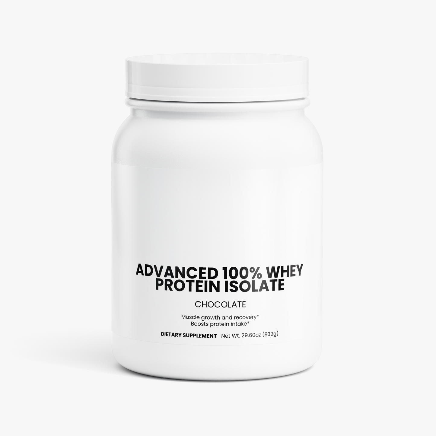 Advanced 100% Whey Protein Isolate (Chocolate) powder tub, 29.60 oz., front of package